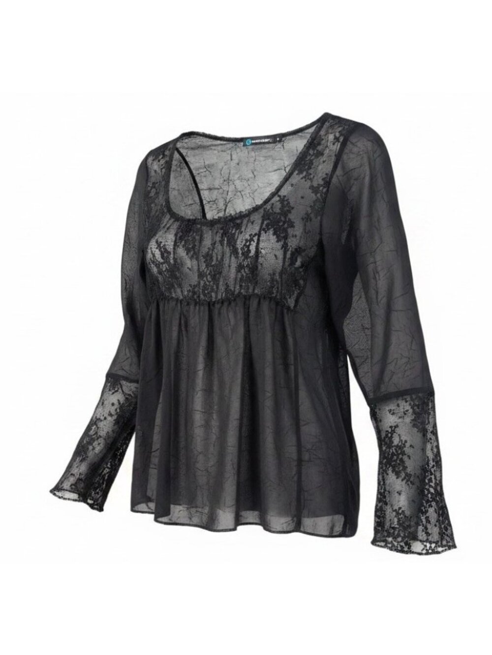 VTG Y2K Coolwear USA Women’s Babydoll Sheer Top Sz L Black Lace Whimsigoth